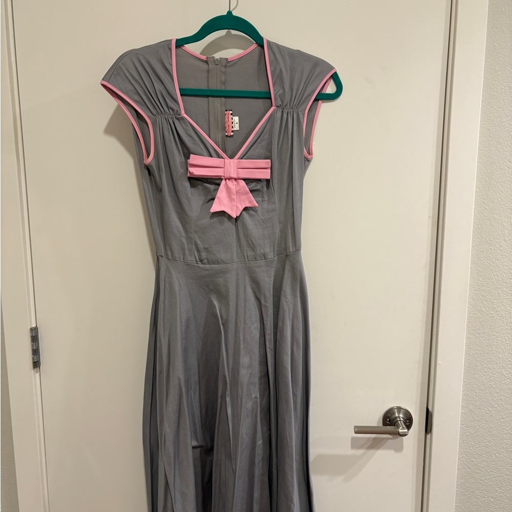 Pinup Couture Heidi Dress in Grey with Pink Bow and Accents in Size Small